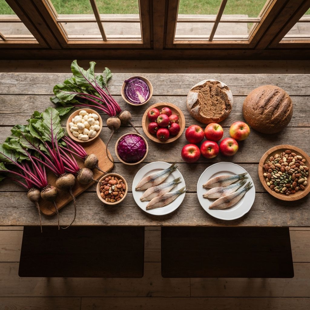 Traditional Polish foods on wooden table including vegetables, fruits, bread, and dairy products