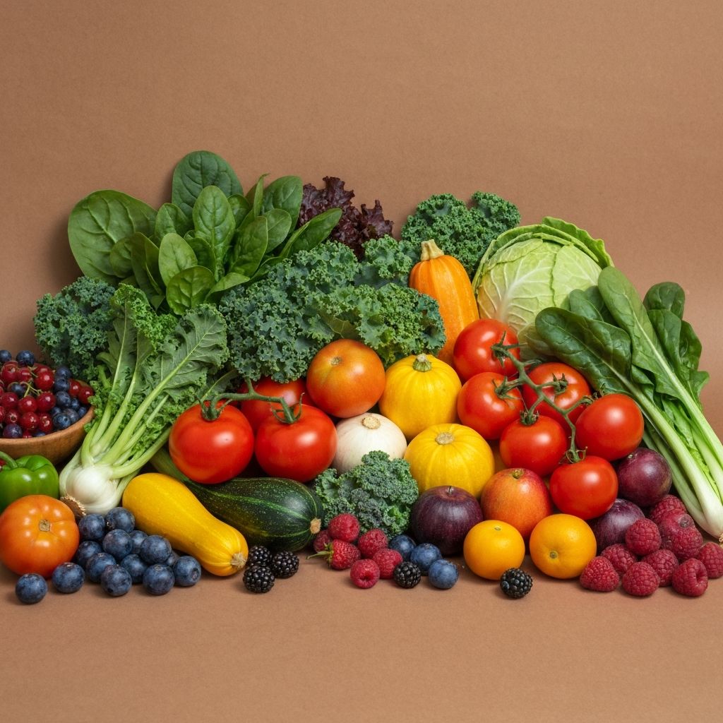 Colorful assorted seasonal vegetables and fruits showing variety of mineral sources